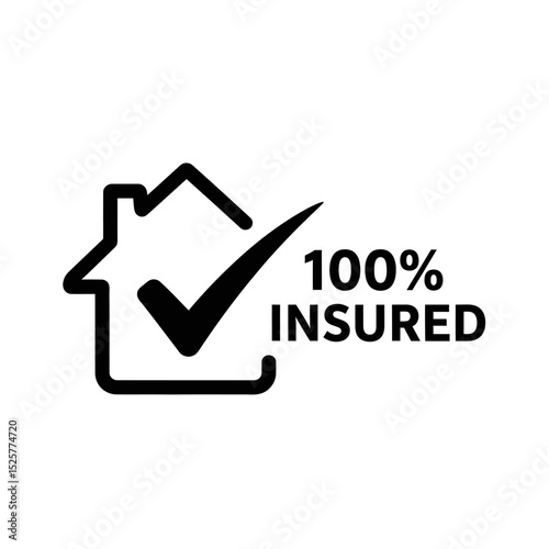 A bold black house icon with a checkmark, signifying 100 insured, isolated on white background