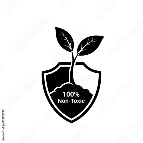 A vibrant green sprout emerges from rich soil, securely nestled within a protective black shield, isolated on white background, signifying 100 nontoxic assurance