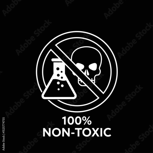 A stark white graphic proclaims 100 nontoxic, depicting a crossedout skull and beaker against a black background