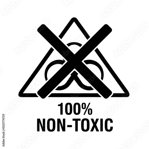 A bold black triangle symbol, crossed out, declares 100 nontoxic, isolated on white background