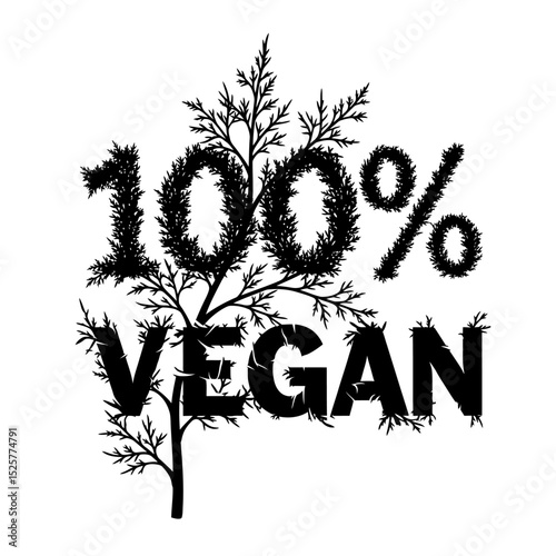 A lush sprig of dill forms the digits 100 vegan, isolated on white background