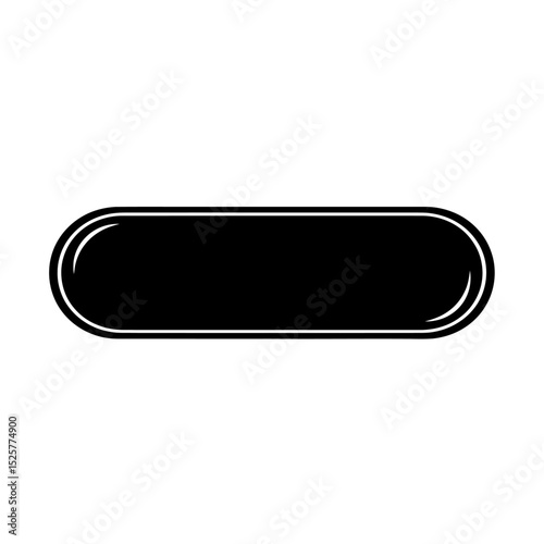 A sleek black oblong shape, isolated on white background, resembles a minimalist button or a blank banner ready for text