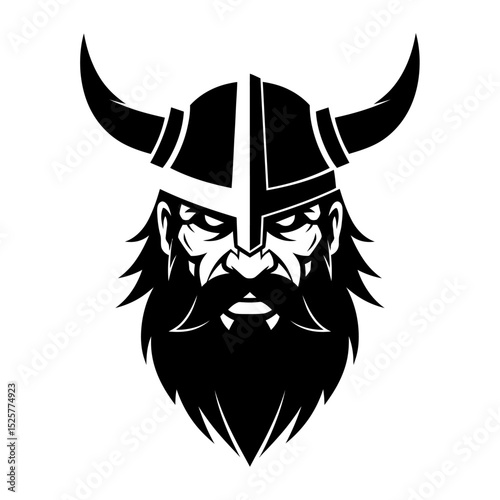A sternfaced viking warrior, his head isolated on white background, is depicted wearing a horned helmet with a bold, blackandwhite design