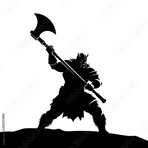 A silhouetted barbarian warrior, wielding a massive battleaxe with fierce determination, stands poised on a dark hilltop, isolated on white background