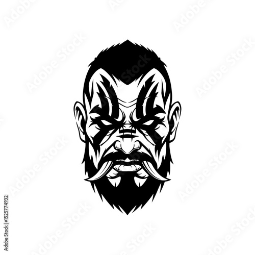 A fierce, blackandwhite warriors head, isolated on white background, with tribal markings and a determined expression