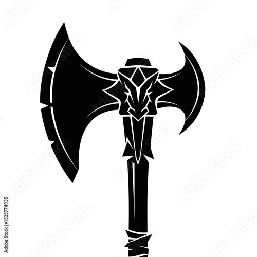 A menacing, obsidian doubleaxe, its head carved with a dragons visage, stands isolated on white background