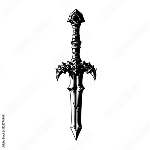 An ornate black dagger, isolated on white background, features intricate carvings and a sharply pointed blade