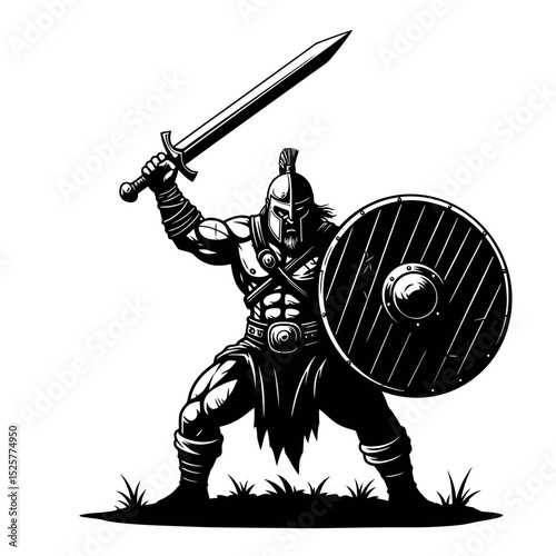 A powerful spartan warrior, isolated on white background, raises his sword high, a formidable shield at his side, ready for battle