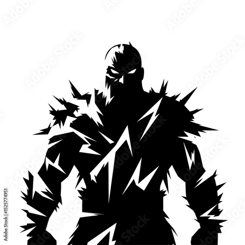 A shadowy, muscular warrior, clad in jagged armor, stands isolated on white background