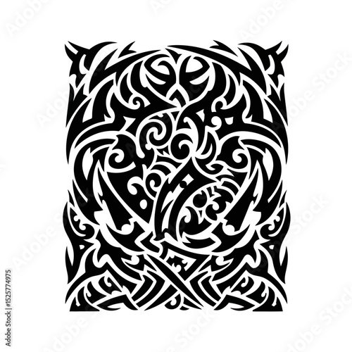 Intricate black tribal tattoo design isolated on white background, a swirling vortex of sharp lines and organic shapes creating a powerful and symbolic image