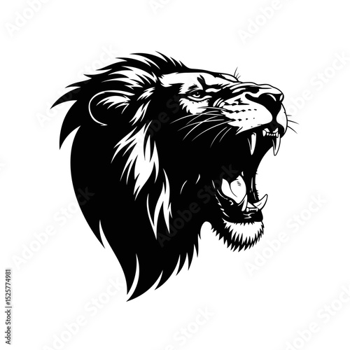 A majestic lions head, roaring fiercely, isolated on white background, rendered in stark black and white, showcasing its powerful presence