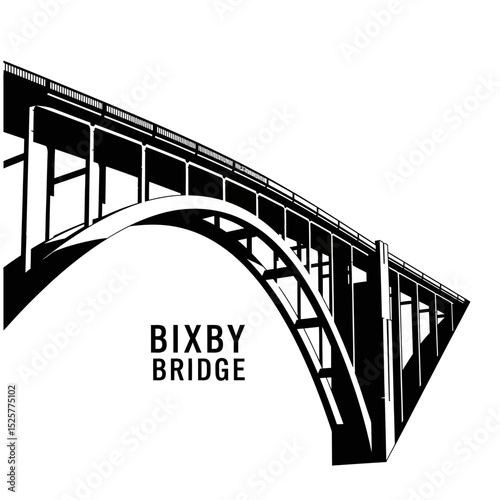 A stark black and white silhouette of bixby bridge, isolated on white background, showcases its elegant arch and imposing structure
