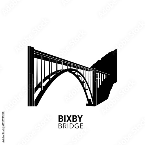 A stark black silhouette of bixby bridge arches gracefully over a dramatic cliffside, isolated on white background