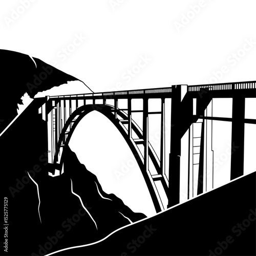A stark black and white illustration of bixby creek bridge, isolated on white background, its imposing arch soaring high above rugged, shadowed cliffs
