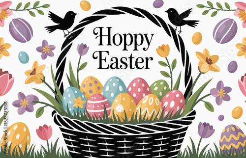 colorful easter basket illustration with decorated eggs, floral blooms, and birds with hoppy easter greeting in festive spring design photo