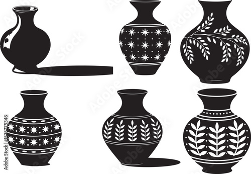 traditional pottery vases with floral and geometric patterns in black silhouette style for home decor and cultural illustration