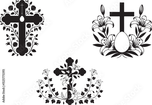 christian cross with easter egg and blooming lilies in black silhouette style for religious holiday decoration and faith symbolism