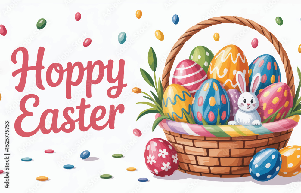 hoppy easter greeting with colorful painted eggs in wicker basket and cute bunny surrounded by candy sprinkles