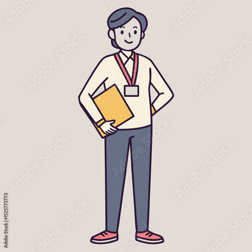Cartoon illustration of a person wearing id badge holding a folder smiling