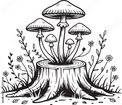 group of wild mushrooms growing from old tree stump with floral elements in black and white forest silhouette style