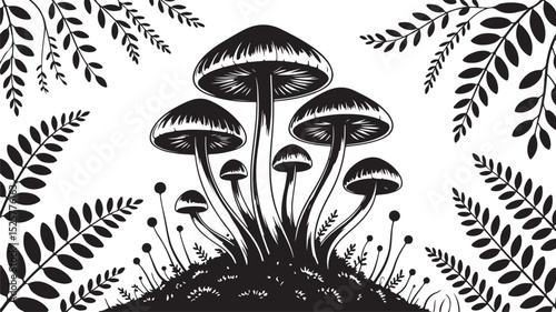 cluster of tall wild mushrooms on forest floor surrounded by fern leaves in silhouette black and white illustration