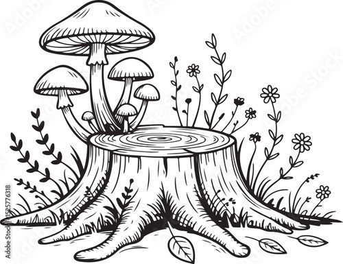 forest tree stump with mushrooms and wildflowers in botanical black and white illustration style