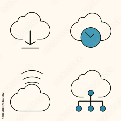 Simple outlined cloud storage symbols including data sync, server hierarchy, and digital connectivity in blue tones
