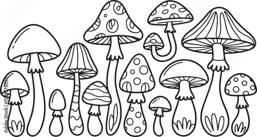 hand drawn outline illustration of various whimsical mushrooms with tall stems and patterned caps in black and white style