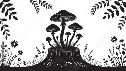 mushroom stump silhouette with blooming wildflowers and hanging foliage in a black and white enchanted forest scene