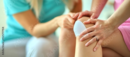 Therapist applies a bandage to a patient's knee for post-injury rehabilitation