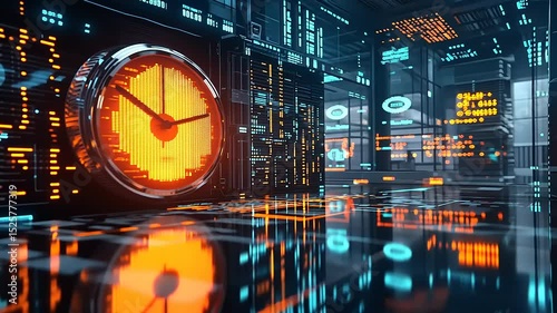 Futuristic digital clock in a high-tech environment with glowing data displays and reflections