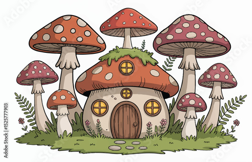 mushroom house with red spotted caps, wooden door, circular windows and grassy roof surrounded by cartoon toadstools and ferns