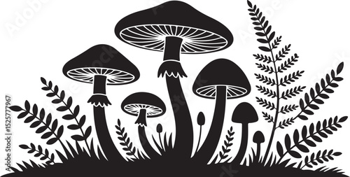 mushroom silhouette cluster with large caps and gills surrounded by fern leaves and grass on forest ground, black vector design photo