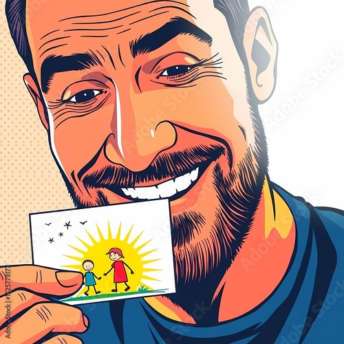 Smiling man holding drawing of children with sun in pop-art style  
