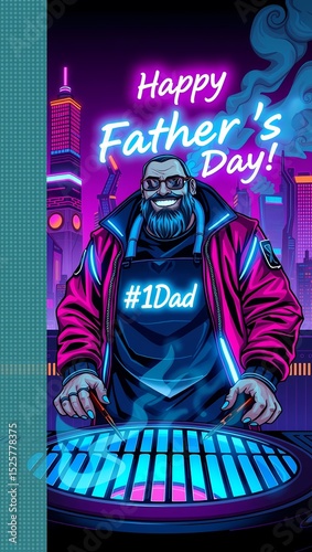 Cyberpunk dad grilling with festive background for Father's Day, with copy space