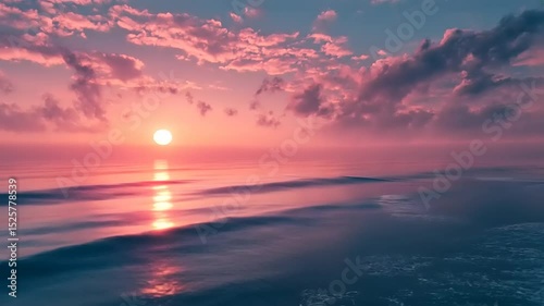 Serene sunset over calm ocean waves, reflecting vibrant colors with clouds in the background