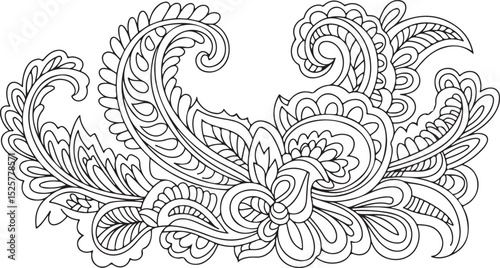 paisley floral vector with swirling leaf elements and intricate henna-inspired ornamental pattern in black line art design