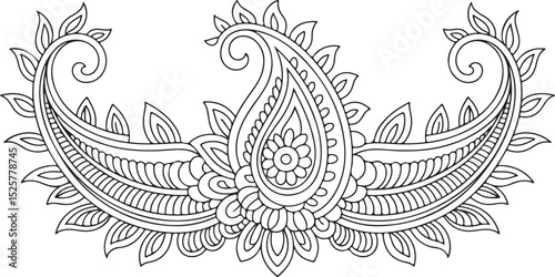 paisley floral ornament with intricate leaf and swirl patterns forming a curved symmetrical decorative mandala style design