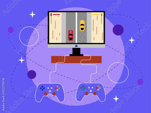 Playing video game on pc. Equipment of gamers. Games illustration. Flat vector illustration.