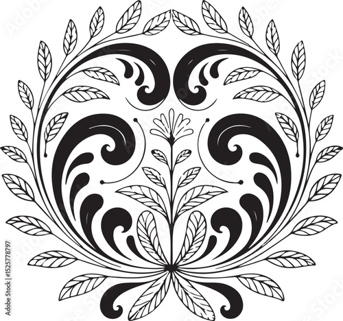 floral ornamental circular frame with bold swirls and delicate leaf branches forming elegant symmetrical botanical design photo
