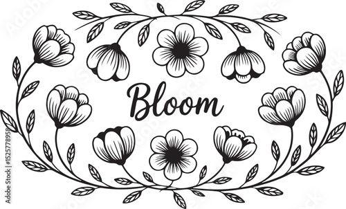 bloom floral wreath vector with hand-drawn flowers and leaves arranged in oval frame with central script text