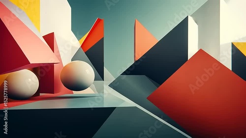 Abstract geometric landscape featuring colorful shapes and spheres, creating a vibrant artistic scene