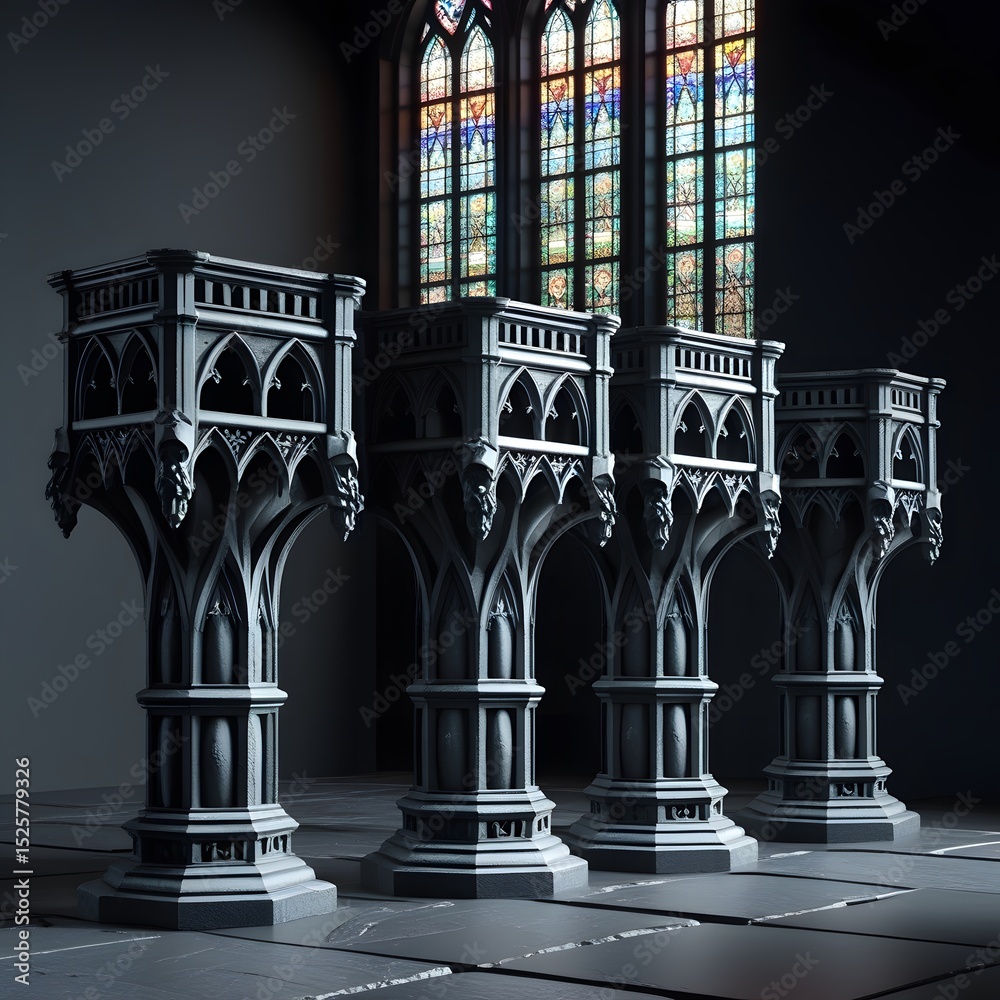 Fototapeta premium Four Dark Classical Pedestals in a Dim Room