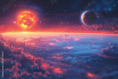 Fiery celestial bodies above colorful clouds