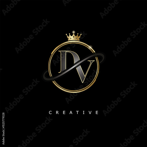 Tableau sur toile DV Luxury Creative Logo – Elegant Gold Monogram Letter mark with Crown, Circle &