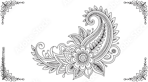 paisley floral silhouette with intricate line art design, hand-drawn decorative paisley pattern with symmetrical corners and central blossom