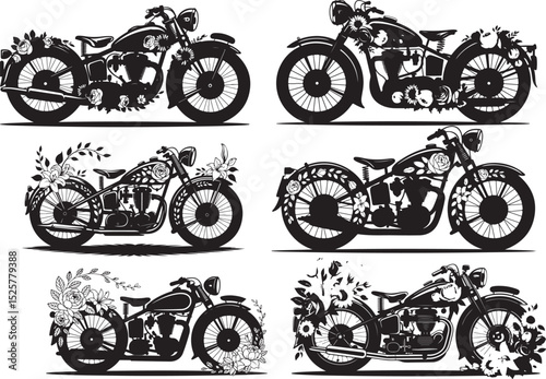 motorcycle silhouette set with artistic floral decoration, vintage bike outlines integrated with botanical elements in black and white