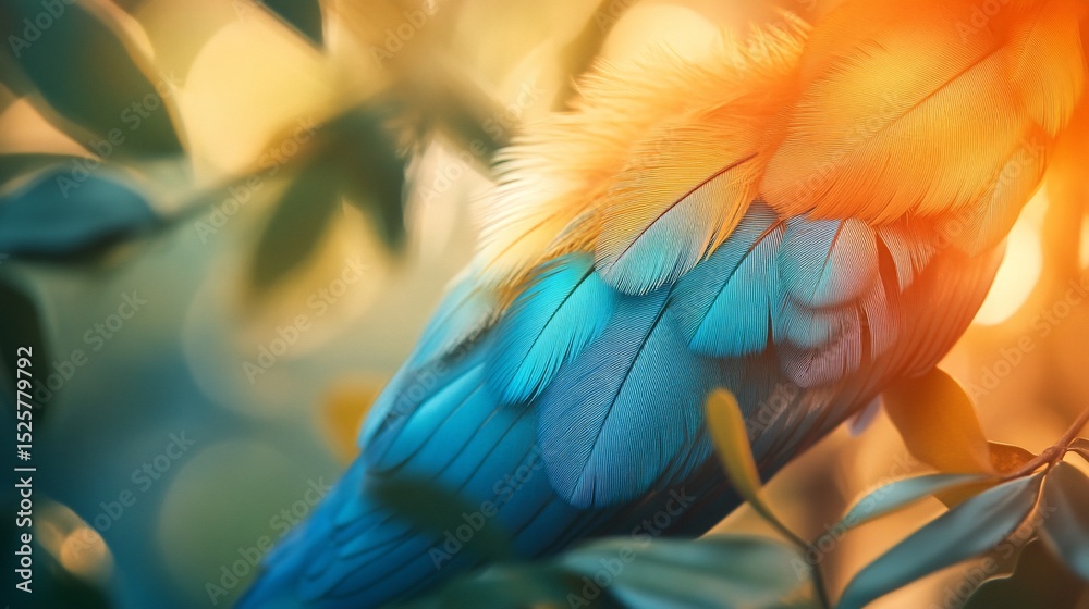 Obraz premium Vibrant Parrot Feathers Shimmering in Golden Light Among Lush Green Foliage