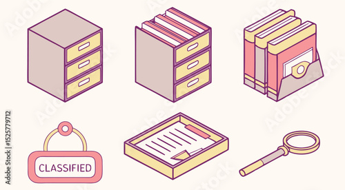 Document Archive Icons – Isometric File Storage, Classified Folder, Magnifying Glass Set