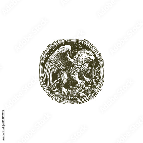 Majestic griffin engraving design vector template illustration